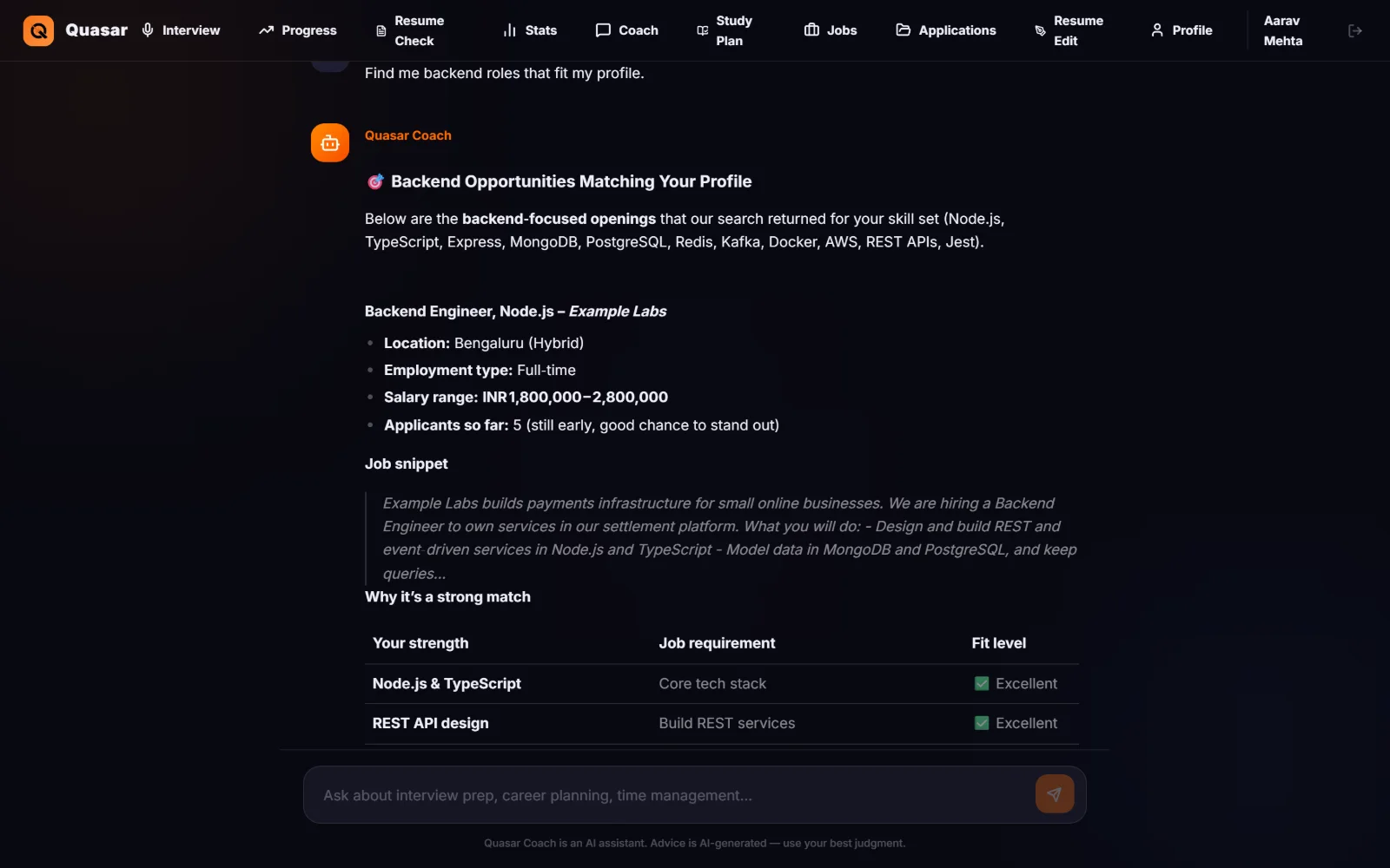 AI coach answering a request for backend roles with a matching job posting and a fit table.