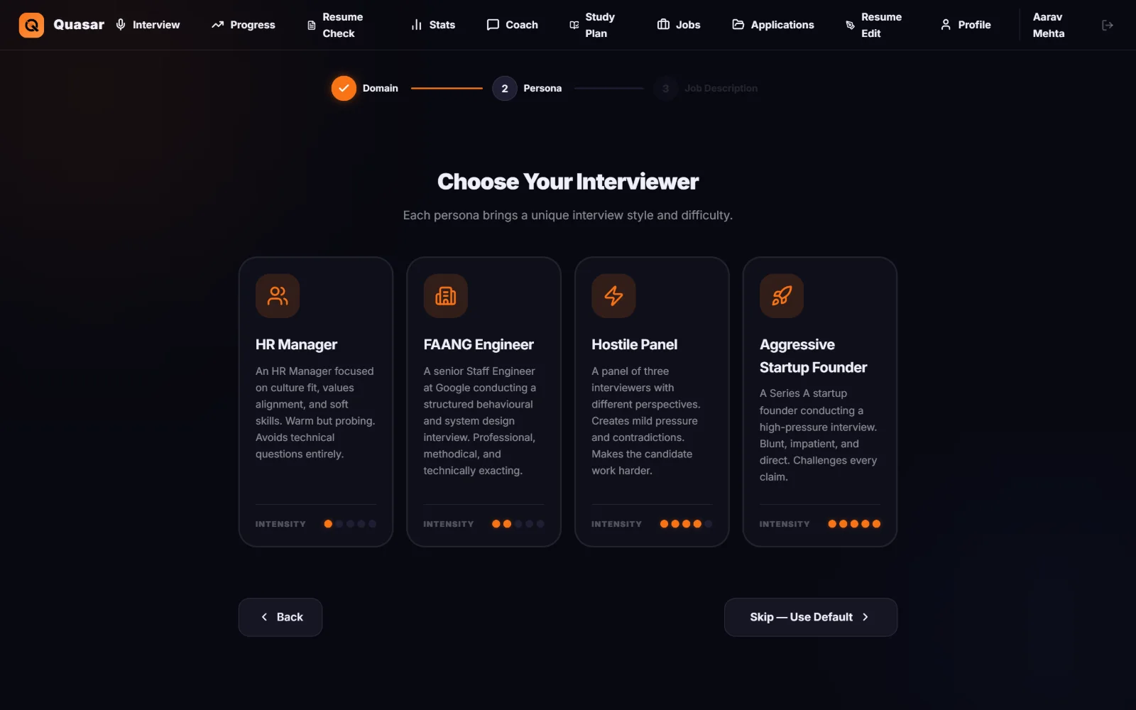 Choose your interviewer: HR manager, FAANG engineer, hostile panel or aggressive startup founder.